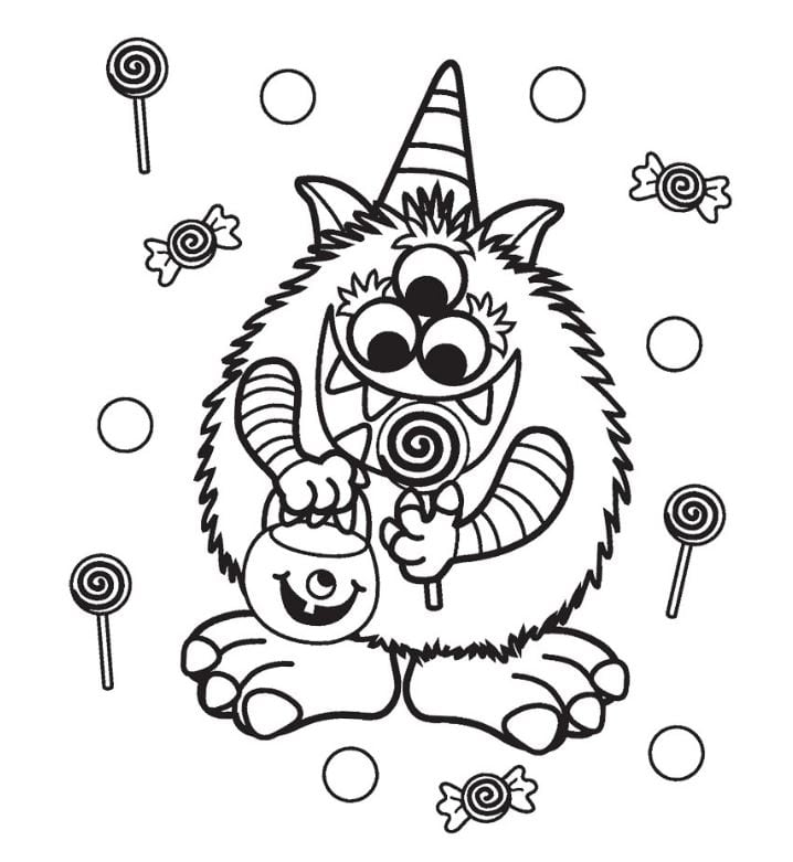 Online coloring book: Coloring page monster with lollipops for Halloween